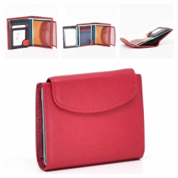 Малко дамско портмоне от естествена кожа с много отделения за карти, червено