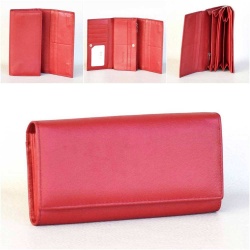 Дамско портмоне от естествена кожа с много отделения за карти, магтинто закопчаване, тъмно червено