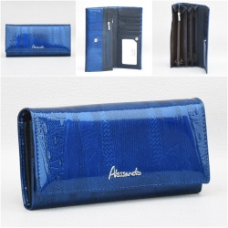 Лачено дамско портмоне от естествена кожа с ефектен принт, синьо
