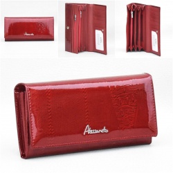 Лачено дамско портмоне от естествена кожа с ефектен принт, червено