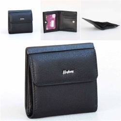 Малко дамско портмоне от естествена кожа с външен монетник, черно