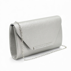 Клъч официална дамска чанта капак с лайсна с блестящи камъчета стилен модел сребърна