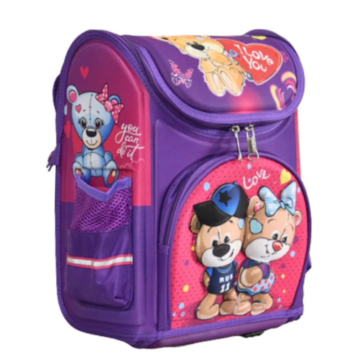 Ученическа раница за първи клас, тип куфарче с картинка мечета, лилава