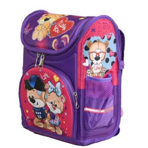 Ученическа раница за първи клас, тип куфарче с картинка мечета, лилава