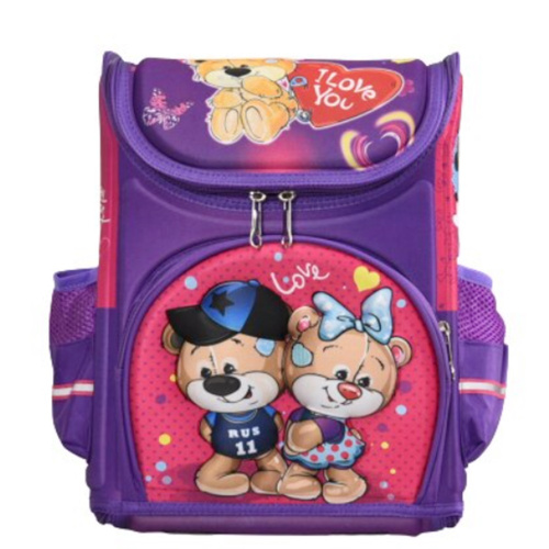 Ученическа раница за първи клас, тип куфарче с картинка мечета, лилава