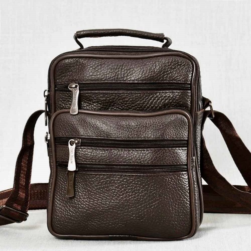 Мъжка чанта от естествена кожа височина 22 см с много отделения, цвят- кафе