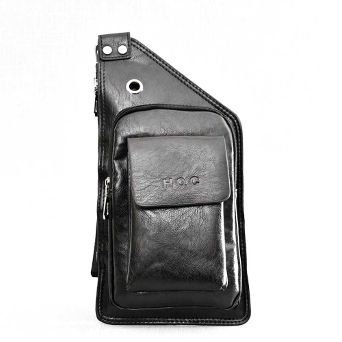 Мъжка кожена чанта-раница за през гърди, ляво и дясно рамо и гръб, черна