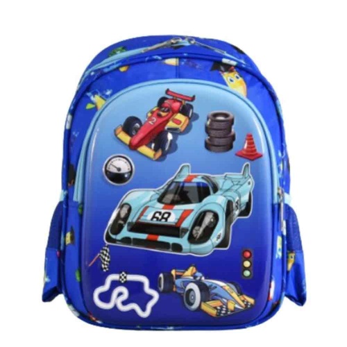 Детска раница за градина с релефна картинка Спортни коли, синя