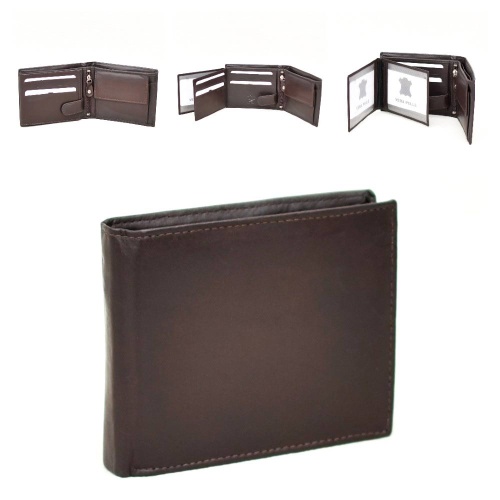 Мъжки портфейл от естествена кожа без закопчаване, с много отделения за карти, тъмно кафяв