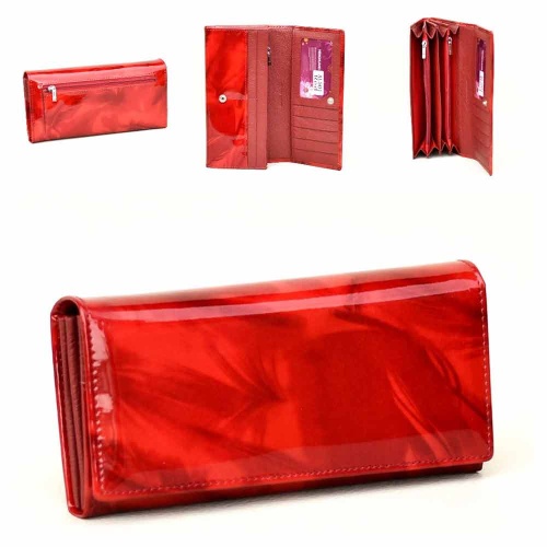 Дамско портмоне от естествена кожа Пера, лачено, външен монетник с цип, червено