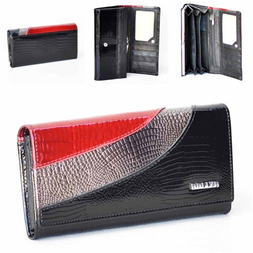 Дамско портмоне от естествена кожа, лачено с кроко ефект, черно с ъс сребърна и червена ивица