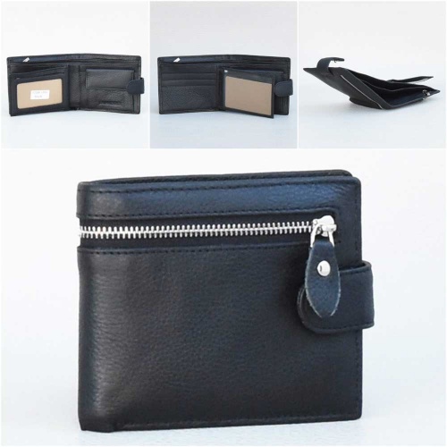 Мъжки портфейл от естествена кожа с външен цип, черен