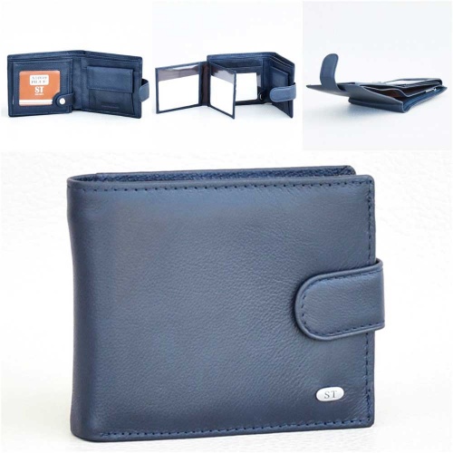 Мъжки портфейл от естествена кожа с много отделения за карти и документи, тъмно син