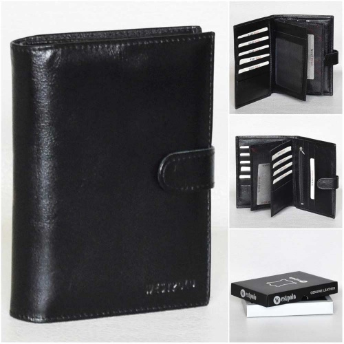 Голям мъжки портфейл от естествена кожа с много отделения за карти, черен