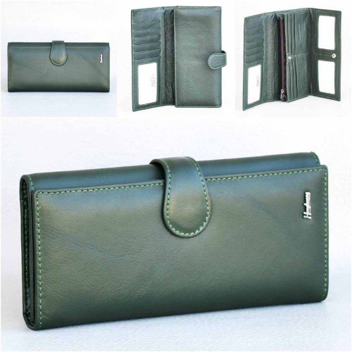 Дамско портмоне от естествена кожа с много отделения за карти и документи, тъмно зелено