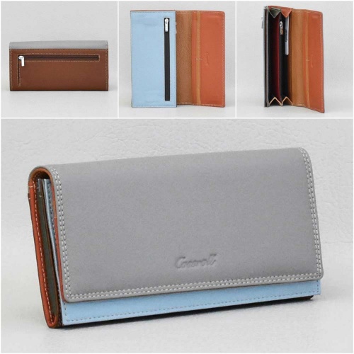 Дамско портмоне от естествена кожа, външен монетник с цип, сиво със светло синьо