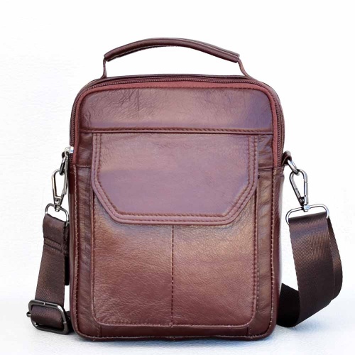 Мъжка чанта от естествена кожа, височина 22 см, спортно-елегантен модел, бордо/кафява