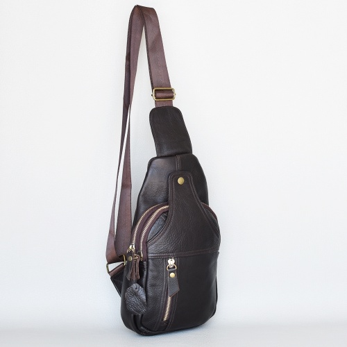 Мъжка чанта раница кафява от естествена кожа телешки бокс за през гърди, рамо или гръб