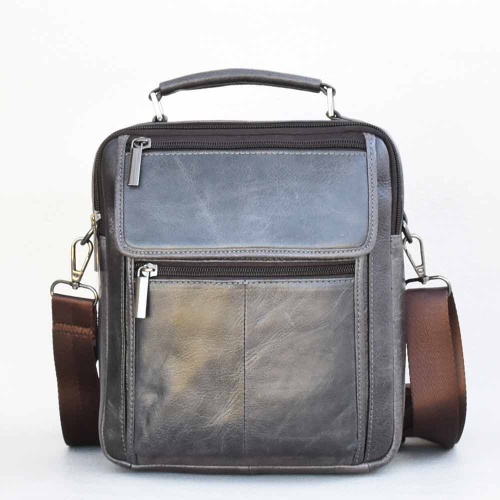 Мъжка чанта от естествена кожа  с много отделения, тъмно сива, височина 24 см