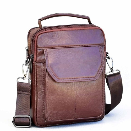 Мъжка чанта от естествена кожа, височина 22 см, спортно-елегантен модел, бордо/кафява