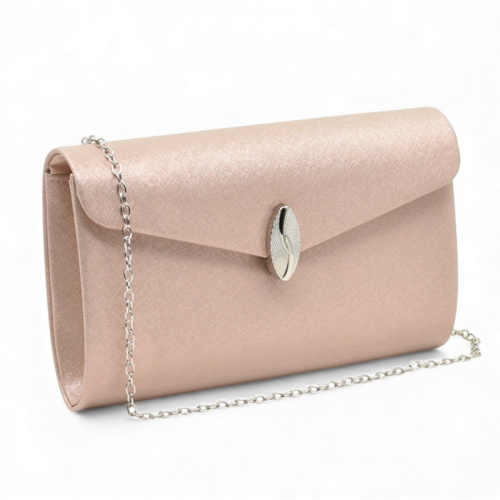 Клъч официална дамска чанта с ефектна катарама сребърен обков топ модел шампанско