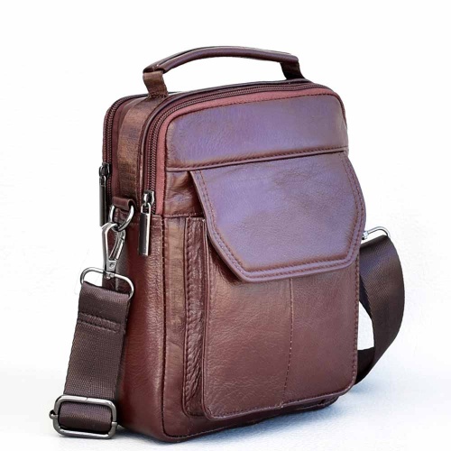 Мъжка чанта от естествена кожа, височина 22 см, спортно-елегантен модел, бордо/кафява