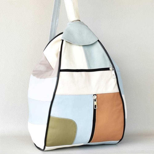 Дамска раница-чанта от естествена кожа с външни джобчета, летни пастелни цветове