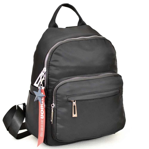 Дамска раница-чанта от промазан плат с висулка, елегантен модел, черна