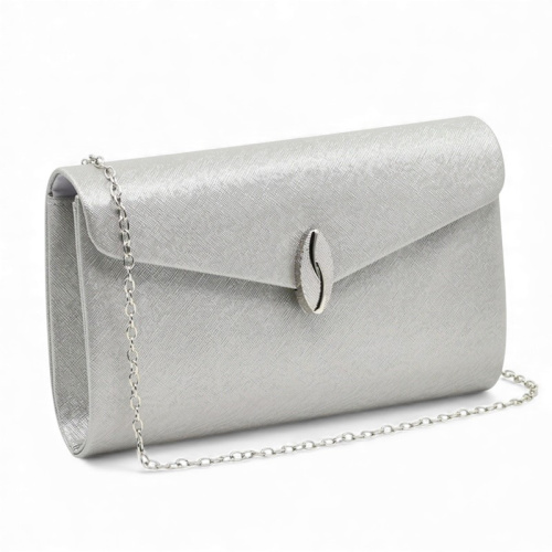 Клъч официална дамска чанта с ефектна катарама сребърен обков топ модел сребърна