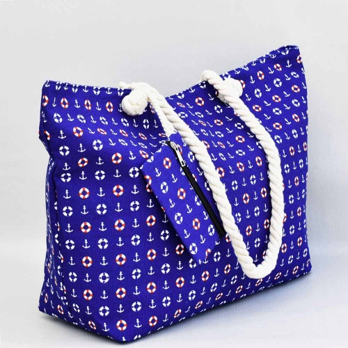 Плажна чанта голяма с котви и пояси, затваряне с цип, с портмоне, синя