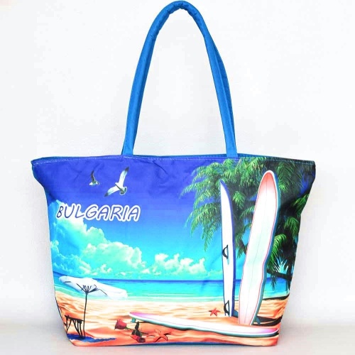 Плажна чанта евтина от непромокаем плат с цип, с красив морски пейзаж