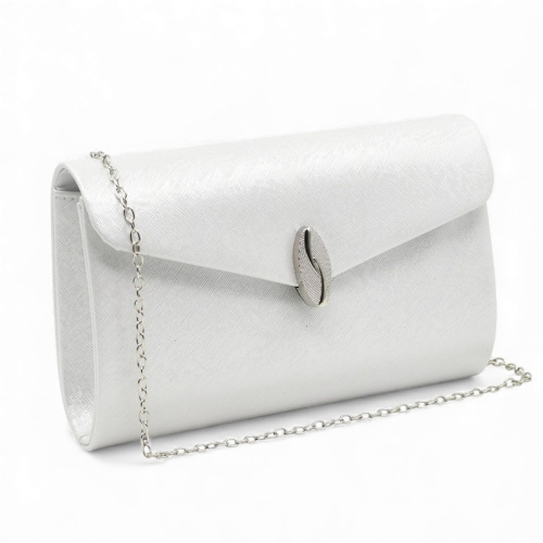 Клъч официална дамска чанта с ефектна катарама сребърен обков топ модел бяла