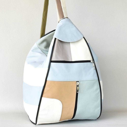 Дамска раница-чанта от естествена кожа с външни джобчета, летни пастелни цветове