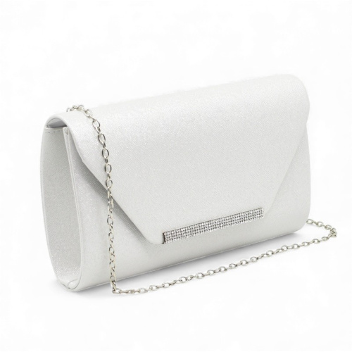 Клъч официална дамска чанта капак с лайсна с блестящи камъчета стилен модел бяла
