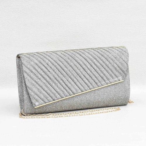 Официална дамска чанта тип клъч от плат, със златна лайсна на капака, старо сребро