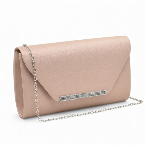 Клъч официална дамска чанта капак с лайсна с блестящи камъчета стилен модел шампанско