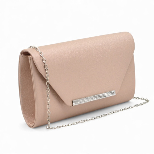 Клъч официална дамска чанта капак с лайсна с блестящи камъчета стилен модел шампанско