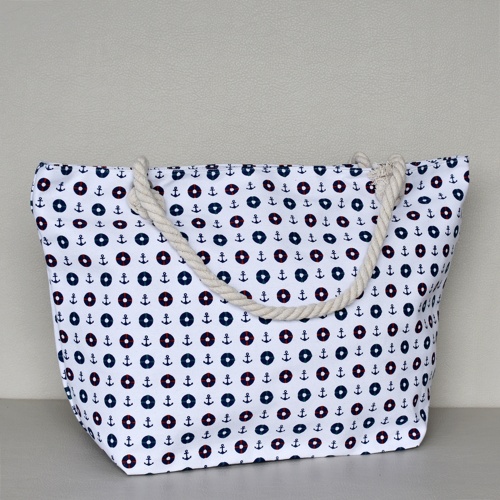 Голяма плажна чанта текстилна бяла с картинки затваряне с цип лято 2018