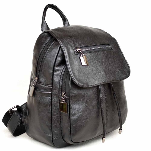 Дамска раница от еко кожа с капак с декоративен цип, пискюли, черна