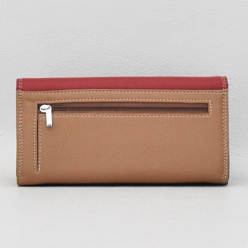 Дамско портмоне от естествена кожа, външен монетник с цип, бордо със сиво