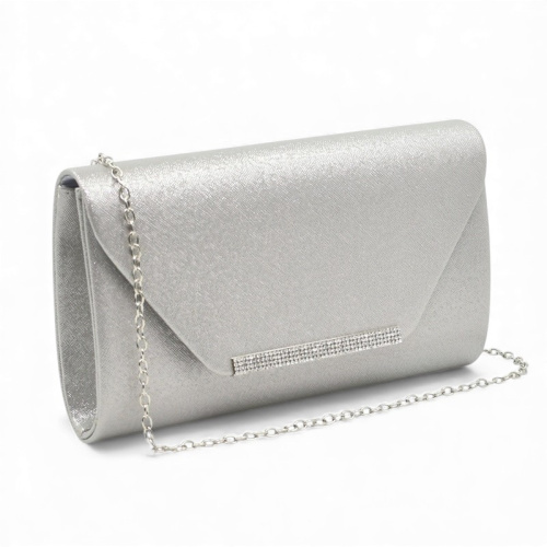 Клъч официална дамска чанта капак с лайсна с блестящи камъчета стилен модел сребърна