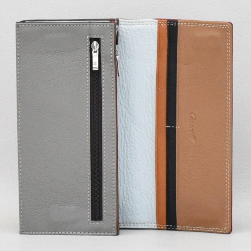 Дамско портмоне от естествена кожа, външен монетник с цип, бордо със сиво