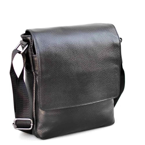 Мъжка чанта от естествена телешка кожа за през рамо с удобно разпределение, височина 23 см, черна