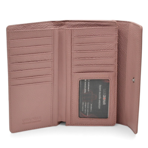 Дамско портмоне от естествена кожа много отделения за карти изчистен модел розово