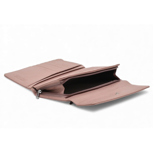 Дамско портмоне от естествена кожа много отделения за карти изчистен модел розово