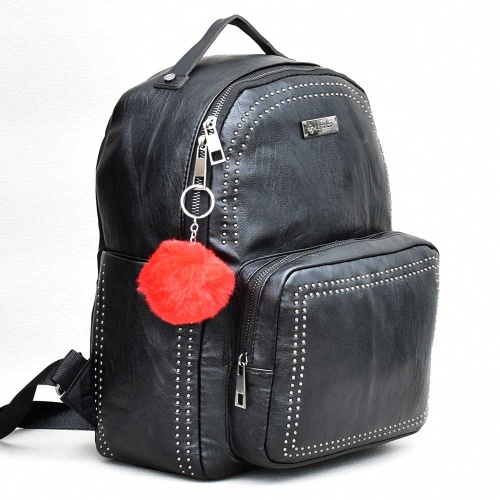 Дамска кожена раница, голяма, декорирана с ситни камъчета, черна