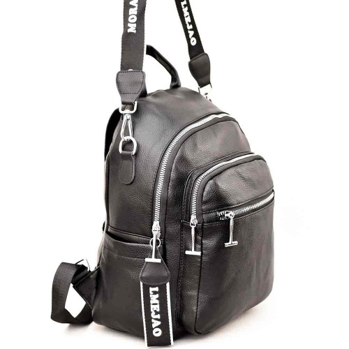 Дамска раница-чанта 2в1 от еко кожа, с много джобчета, ефектни ципове и висулка, черна