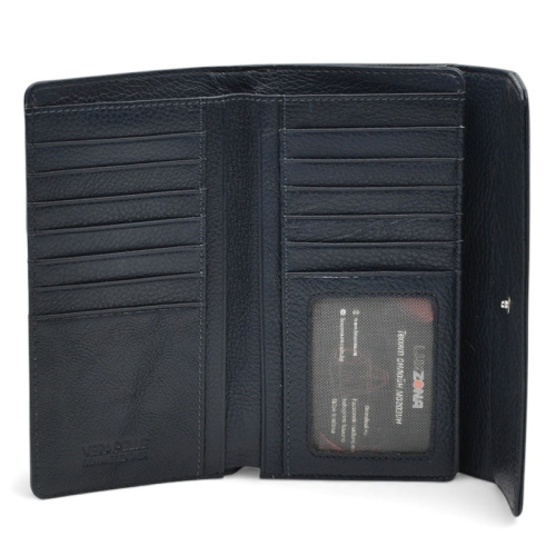 Дамско портмоне от естествена кожа много отделения за карти изчистен модел синьо