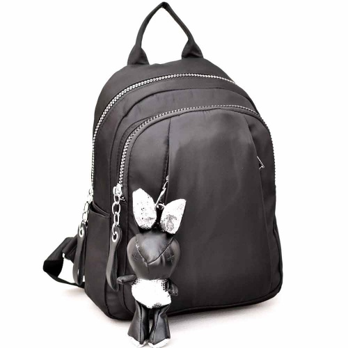 Дамска раница от промазан плат, голяма, с висулка Зайче, черна