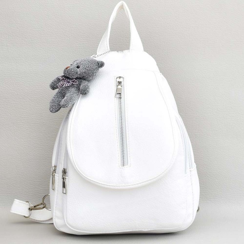 Дамска раница от еко кожа с капак и висулка мече, бяла